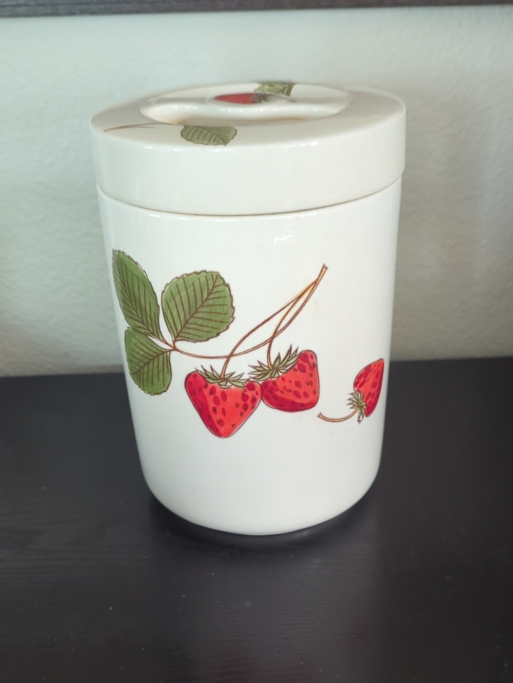 Vintage Ceramic Strawberry Canister - White with Red Strawberry Motif